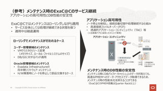 アプリケーションの⾼可⽤性とDB性能の安定性
（参考）メンテナンス時のExaC@Cのサービス継続
Copyright © 2021, Oracle and/or its affiliates
40
ローリングでメンテナンスが⾏われるケース
ユーザー管理領域のメンテナンス
• VMクラスタのリソース変更
（メモリサイズ、ローカル・ファイルシステムのサイズ）
• DB/GIに対するパッチ適⽤
Oracle管理領域のメンテナンス
• Exadata Infrastructureの
四半期ソフトウェア・メンテナンス
• H/W障害時にノードを停⽌して部品交換するケース
ExaC@Cではメンテナンスはローリングしながら適⽤
• サービス全体としては処理が継続できる状態を保つ
• 適⽤中は縮退運⽤
アプリケーション⾼可⽤性
ノード停⽌を検知し、接続⾃動切替や処理継続する仕組み
• ⾼速接続フェイルオーバー(FCF)
• 透過的アプリケーション・コンティニュイティ（TAC）等
（※お客様アプリに設定いただくことで実現）
アプリケーション・コンティニュイティ
メンテナンス時のDB性能の安定性
メンテナンス時にDBバッファ・キャッシュ上のデータが消えても、
⾼速なPMEMへのデータ・アクセスでデータ取得できるため、
メンテナンス時の性能劣化を抑えることができる
（ExaC@CのPMEM搭載はQuarter Rack以上）
 