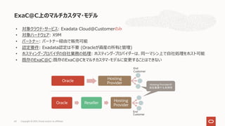 • 対象クラウド・サービス: Exadata Cloud@Customerのみ
• 対象ハードウェア: X9M
• パートナー: パートナー経由で販売可能
• 認定要件: Exadata認定は不要 (Oracleが資産の所有と管理)
• ホスティング・プロバイダの⾃社業務の処理: ホスティング・プロバイダーは、同⼀マシン上で⾃社処理をホスト可能
• 既存のExaC@C:既存のExaC@Cをマルチカスタマ・モデルに変更することはできない
ExaC@C上のマルチカスタマ・モデル
Copyright © 2021, Oracle and/or its affiliates
60
 