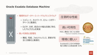 Oracle Exadata Database Machine
• 理想的なデータベース・ハードウェアとソフトウェア
• コンピュート、ネットワーク、ストレージがデー
タベースに最適化
• OLTP、分析、統合の⼤幅な改善に特化
したアルゴリズムを実装
• ⾼い可⽤性と管理性
• 構成、性能、フォルトトレランス、更新が完
全に⾃動化と最適化
圧倒的な性能
⾼い可⽤性
FIVE NINES
5X9
99.999%
MAA(*)構成は IDC AL4認定
環境に優しい
* Maximum Availability Architecture
Exadata化によるH/W削減の
電⼒消費/CO2削減効果 51%
9 Copyright © 2021, Oracle and/or its affiliates
 