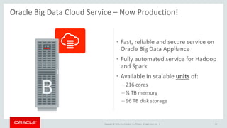 Copyright © 2015, Oracle and/or its affiliates. All rights reserved. |
• Fast, reliable and secure service on
Oracle Big Data Appliance
• Fully automated service for Hadoop
and Spark
• Available in scalable units of:
– 216 cores
– ¾ TB memory
– 96 TB disk storage
10
Oracle Big Data Cloud Service – Now Production!
 