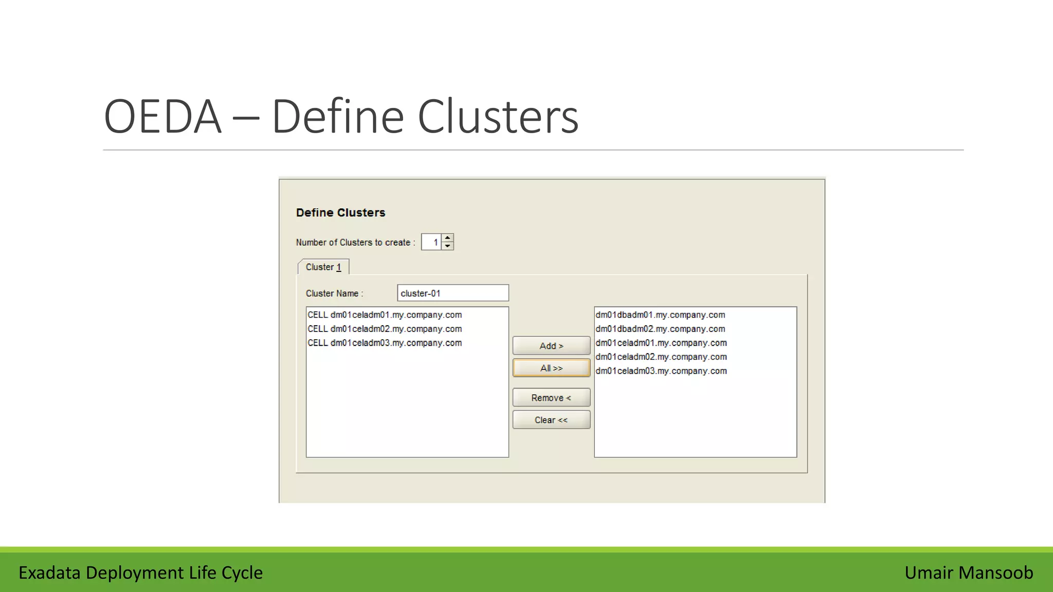 OEDA – Define Clusters
Umair MansoobExadata Deployment Life Cycle
 