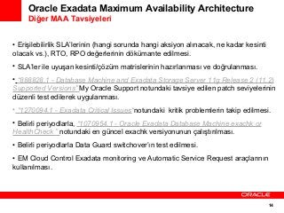Oracle Exadata Maximum Availability Architecture
Diğer MAA Tavsiyeleri
• Erişilebilirlik SLA’lerinin (hangi sorunda hangi aksiyon alınacak, ne kadar kesinti
olacak vs.), RTO, RPO değerlerinin dökümante edilmesi.
• SLA’ler ile uyuşan kesinti/çözüm matrislerinin hazırlanması ve doğrulanması.
• “888828.1 - Database Machine and Exadata Storage Server 11g Release 2 (11.2)
Supported Versions” My Oracle Support notundaki tavsiye edilen patch seviyelerinin
düzenli test edilerek uygulanması.
• “1270094.1 - Exadata Critical Issues“notundaki kritik problemlerin takip edilmesi.
• Belirli periyodlarla, “1070954.1 - Oracle Exadata Database Machine exachk or
HealthCheck ” notundaki en güncel exachk versiyonunun çalıştırılması.
• Belirli periyodlarla Data Guard switchover’ın test edilmesi.
• EM Cloud Control Exadata monitoring ve Automatic Service Request araçlarının
kullanılması.

14

 