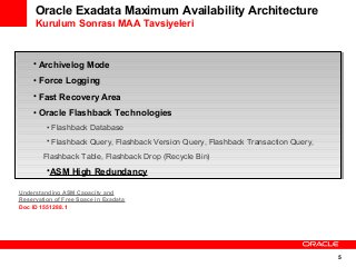 Oracle Exadata Maximum Availability Architecture
Kurulum Sonrası MAA Tavsiyeleri

••Archivelog Mode
Archivelog Mode
••Force Logging
Force Logging
••Fast Recovery Area
Fast Recovery Area
••Oracle Flashback Technologies
Oracle Flashback Technologies
••Flashback Database
Flashback Database
••Flashback Query, Flashback Version Query, Flashback Transaction Query,
Flashback Query, Flashback Version Query, Flashback Transaction Query,
Flashback Table, Flashback Drop (Recycle Bin)
Flashback Table, Flashback Drop (Recycle Bin)

••ASMHigh Redundancy
ASM High Redundancy
Understanding ASM Capacity and
Reservation of Free Space in Exadata
Doc ID 1551288.1

5

 