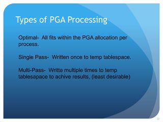 Types of PGA Processing
22
Optimal- All fits within the PGA allocation per
process.
Single Pass- Written once to temp tablespace.
Multi-Pass- Writte multiple times to temp
tablesapace to achive results, (least desirable)
 