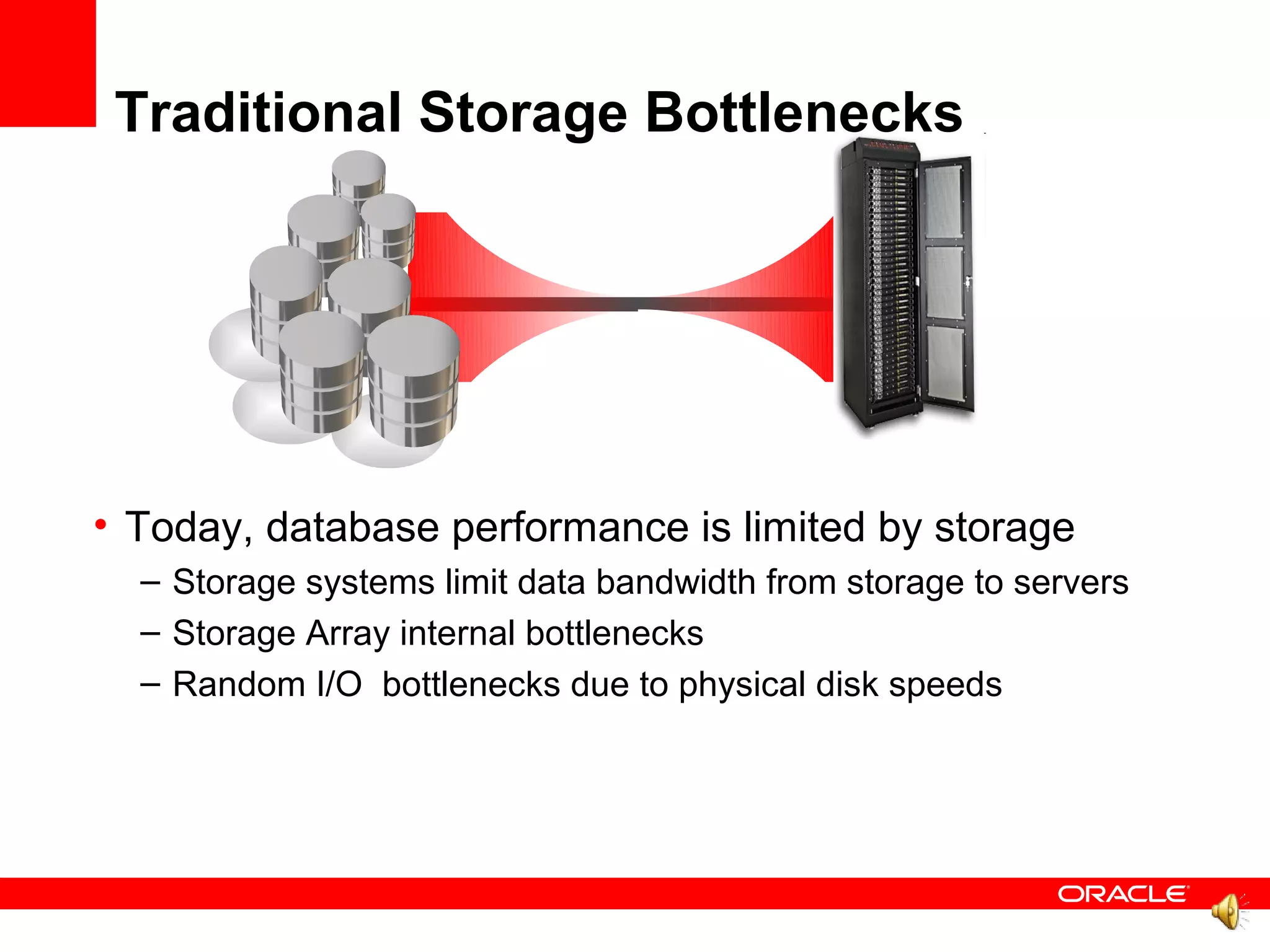 Traditional Storage Bottlenecks




• Today, database performance is limited by storage
  – Storage systems limit data bandwidth from storage to servers
  – Storage Array internal bottlenecks
  – Random I/O bottlenecks due to physical disk speeds
 