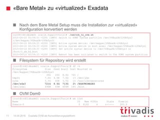 «Bare Metal» zu «virtualized» Exadata
Exadata OVM als Konsolidierungsplattform11 14.04.2016
Nach dem Bare Metal Setup muss die Installation zur «virtualized»
Konfiguration konvertiert werden
Filesystem für Repository wird erstellt
OVM Dom0
root@tvd01dbadm01 oracle.SupportTools]# ./switch_to_ovm.sh
2015-04-10 00:59:33 +0200 [INFO] Switch to DOM0 system partition /dev/VGExaDb/LVDbSys3
(/dev/mapper/VGExaDb-LVDbSys3)
2015-04-10 00:59:33 +0200 [INFO] Active system device: /dev/mapper/VGExaDb-LVDbSys1
2015-04-10 00:59:33 +0200 [INFO] Active system device in boot area: /dev/mapper/VGExaDb-LVDbSys1
2015-04-10 00:59:33 +0200 [INFO] Set active systen device to /dev/VGExaDb/LVDbSys3 in
/boot/I_am_hd_boot
2015-04-10 00:59:33 +0200 [INFO] Reboot has been initiated to switch to the DOM0 system partition
[root@tvd01dbadm01 oracle.SupportTools]# df -h
Filesystem Size Used Avail Use% Mounted on
/dev/mapper/VGExaDb-LVDbSys3
30G 20G 8.6G 70% /
tmpfs 7.0G 4.0K 7.0G 1% /dev/shm
none 3.5G 40K 3.5G 1% /var/lib/xenstored
/dev/sda3 721G 8.6G 713G 2% /EXAVMIMAGES
/dev/sda1 496M 65M 406M 14% /boot
[root@tvd01dbadm01 oracle.SupportTools]# xm list
Name ID Mem VCPUs State Time(s)
Domain-0 0 8192 4 r----- 283.9
 