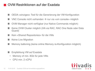 OVM Restriktionen auf der Exadata
Exadata OVM als Konsolidierungsplattform12 14.04.2016
OEDA «einziges» Tool für die Generierung der VM Konfiguration
VNC Console nicht vorhanden  nur via «xm console» möglich
OVM Manager nicht verfügbar (nur Native Commands möglich)
Keine OVM Cluster möglich (HA via RAC, RAC One Node oder Data
Guard)
Kein «Shared Repositories» für die VMs
Keine Live Migration
Memory balloning (keine online Memory re-Konfiguration möglich)
Empfehlung VM auf Exadata
• Memory of min. 8Gb für jede VMs
• CPU min. 2 vCPU
 