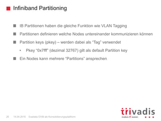 Infiniband Partitioning
Exadata OVM als Konsolidierungsplattform26 14.04.2016
IB Partitionen haben die gleiche Funktion wie VLAN Tagging
Partitionen definieren welche Nodes untereinander kommunizieren können
Partition keys (pkey) – werden dabei als “Tag” verwendet
• Pkey “0x7fff” (dezimal 32767) gilt als default Partition key
Ein Nodes kann mehrere “Partitions” ansprechen
 