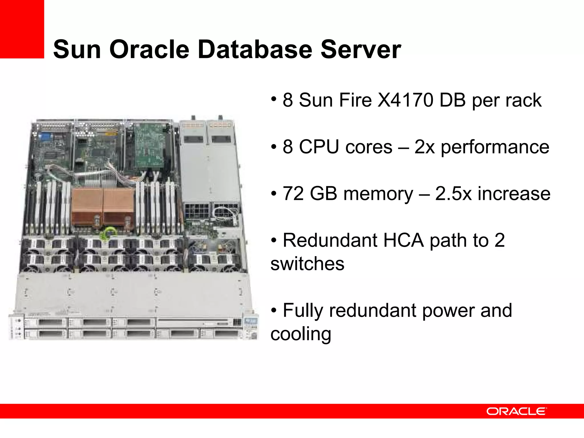 Sun Oracle Database Server 8 Sun Fire X4170 DB per rack •  8 CPU cores – 2x performance •  72 GB memory – 2.5x increase •  Redundant HCA path to 2 switches •  Fully redundant power and cooling 