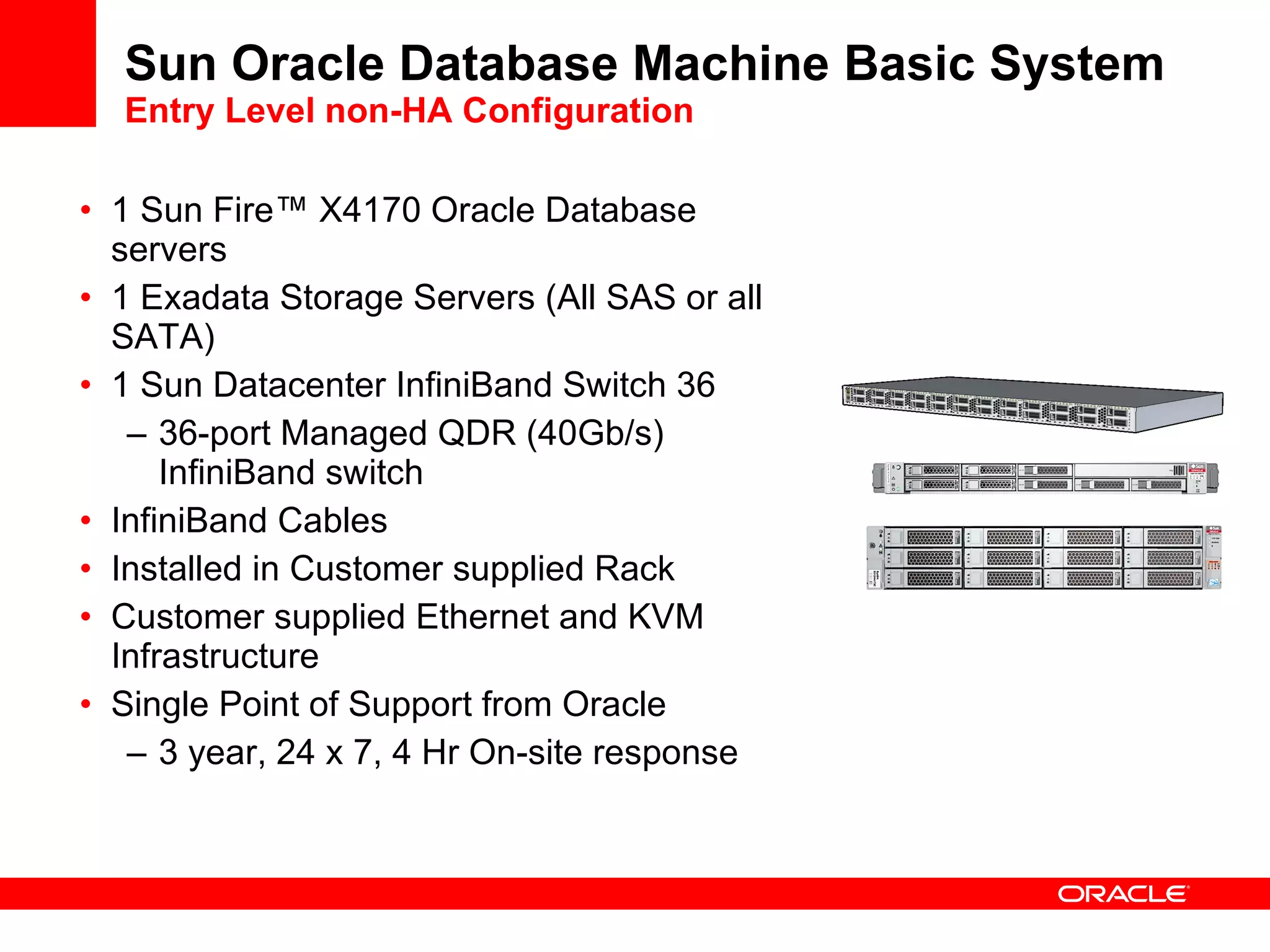 Sun Oracle Database Machine Basic System Entry Level non-HA Configuration 1 Sun Fire ™  X4170 Oracle Database servers 1 Exadata Storage Servers (All SAS or all SATA) 1 Sun Datacenter InfiniBand Switch 36  36-port Managed QDR (40Gb/s) InfiniBand switch InfiniBand Cables Installed in Customer supplied Rack Customer supplied Ethernet and KVM Infrastructure Single Point of Support from Oracle 3 year, 24 x 7, 4 Hr On-site response 