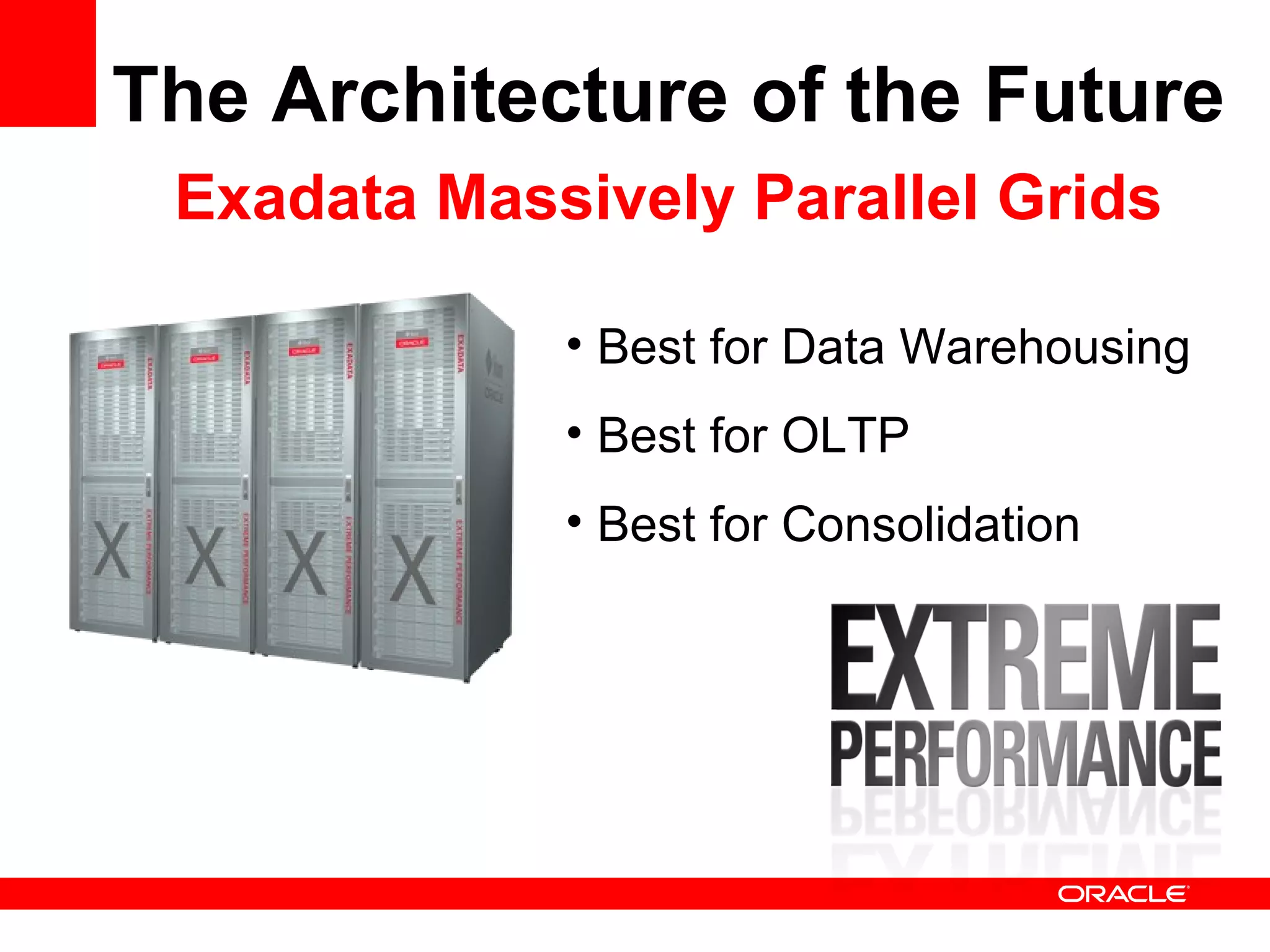 The Architecture of the Future Exadata Massively Parallel Grids Best for Data Warehousing Best for OLTP Best for Consolidation 