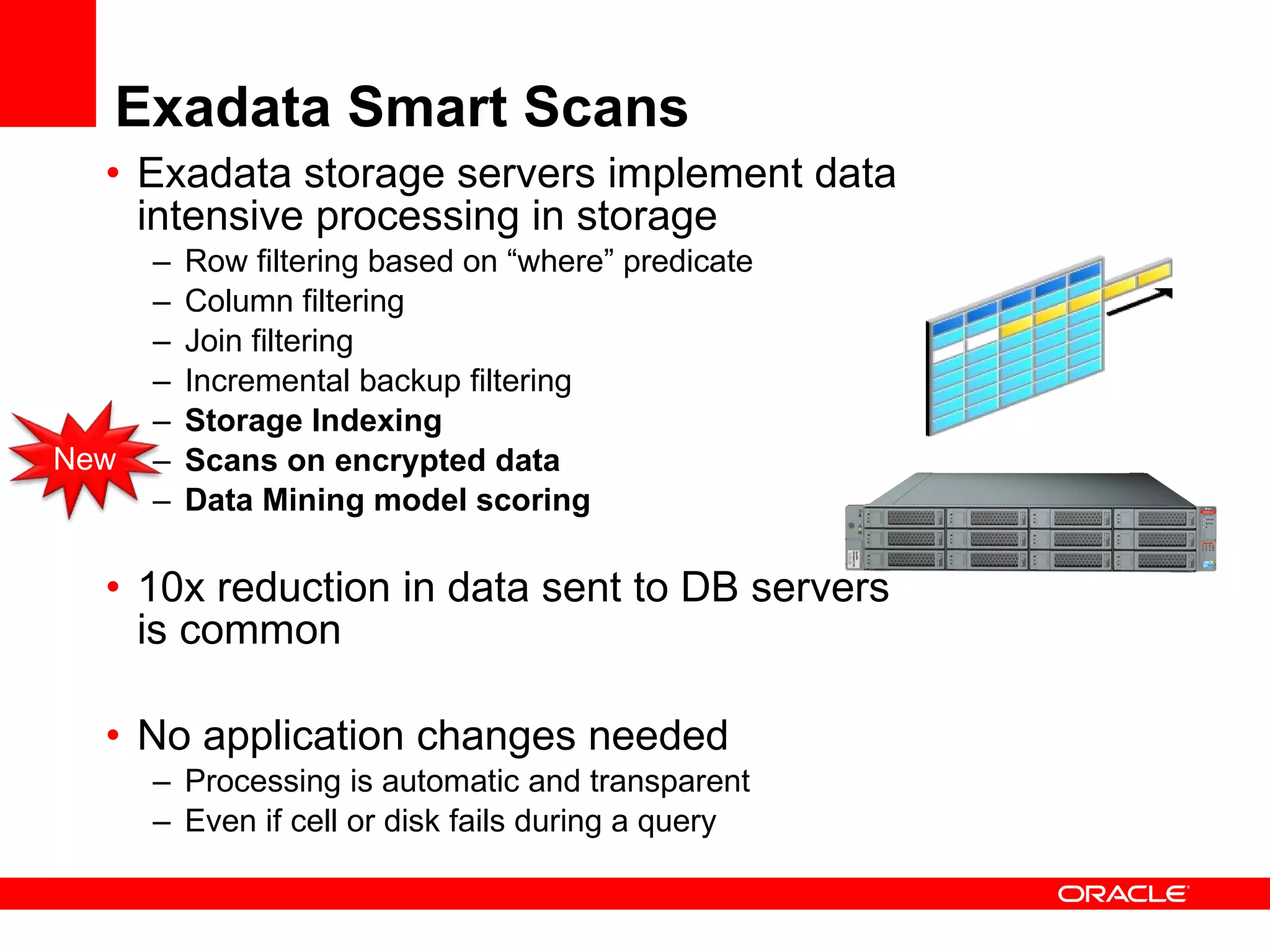 Exadata Smart Scans Exadata storage servers implement data intensive processing in storage Row filtering based on “where” predicate Column filtering Join filtering Incremental backup filtering Storage Indexing Scans on encrypted data Data Mining model scoring 10x reduction in data sent to DB servers  is common No application changes needed Processing is automatic and transparent Even if cell or disk fails during a query New 
