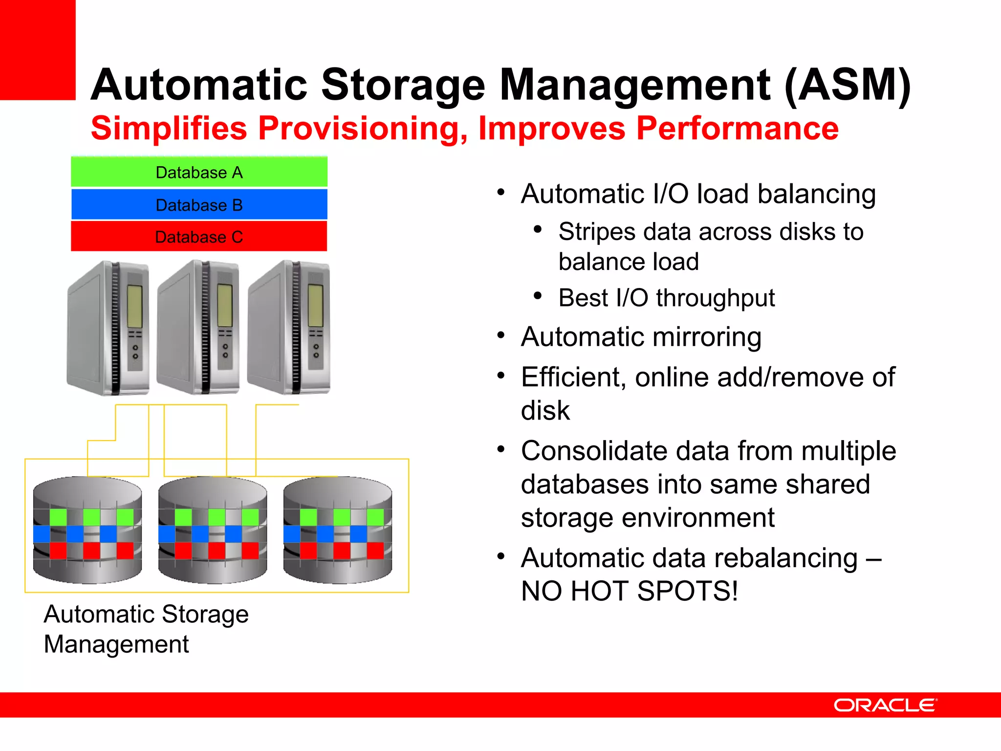 Automatic Storage Management (ASM) Simplifies Provisioning, Improves Performance Automatic I/O load balancing Stripes data across disks to balance load Best I/O throughput Automatic mirroring  Efficient, online add/remove of disk Consolidate data from multiple databases into same shared storage environment Automatic data rebalancing – NO HOT SPOTS! Automatic Storage Management Database C Database B Database A 