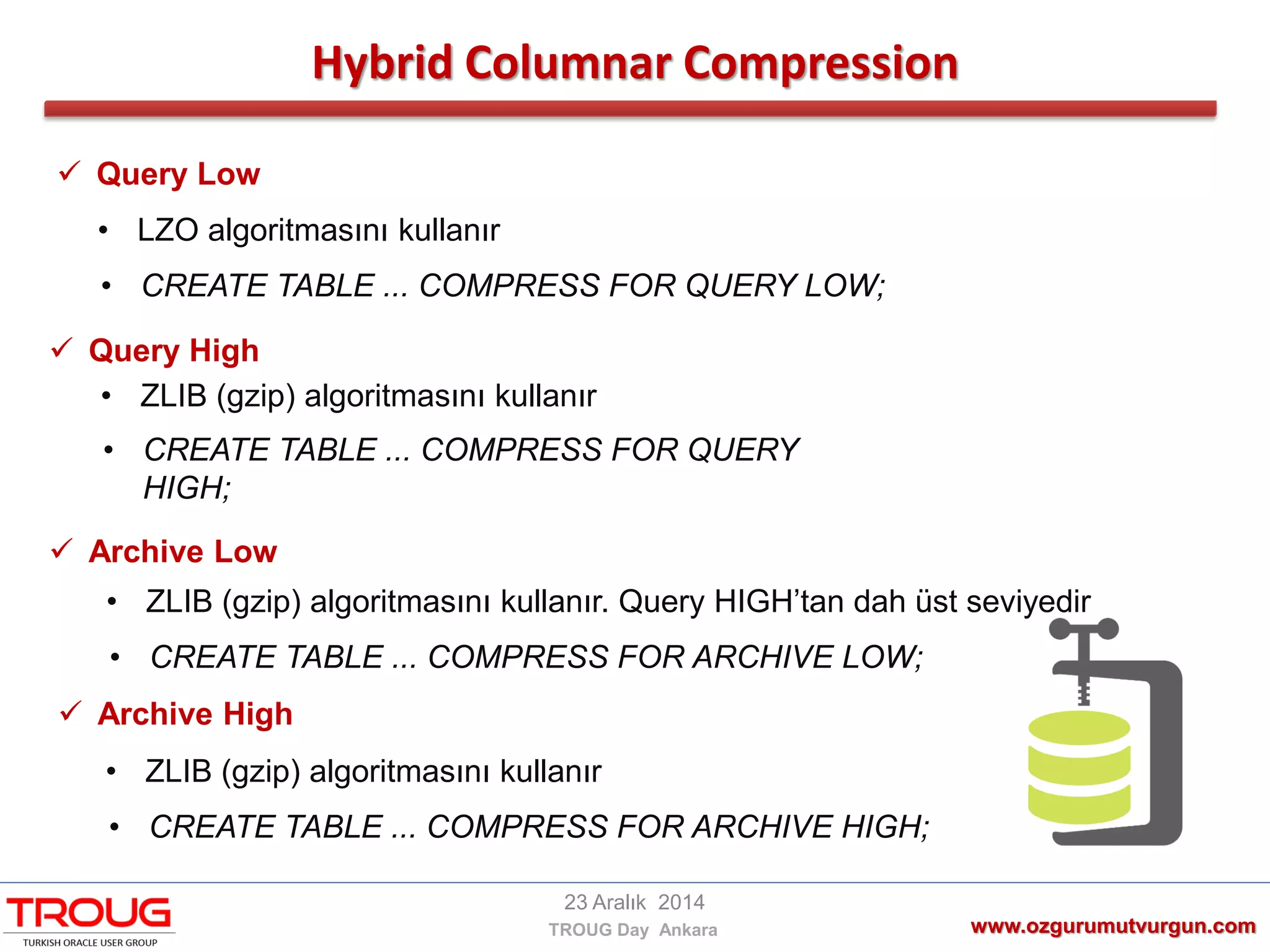 Hybrid Columnar Compression
www.ozgurumutvurgun.com
23 Aralık 2014
TROUG Day Ankara
 Query Low
• LZO algoritmasını kullanır
• CREATE TABLE ... COMPRESS FOR QUERY LOW;
 Query High
• ZLIB (gzip) algoritmasını kullanır
• CREATE TABLE ... COMPRESS FOR QUERY
HIGH;
 Archive Low
• ZLIB (gzip) algoritmasını kullanır. Query HIGH’tan dah üst seviyedir
• CREATE TABLE ... COMPRESS FOR ARCHIVE LOW;
 Archive High
• ZLIB (gzip) algoritmasını kullanır
• CREATE TABLE ... COMPRESS FOR ARCHIVE HIGH;
 