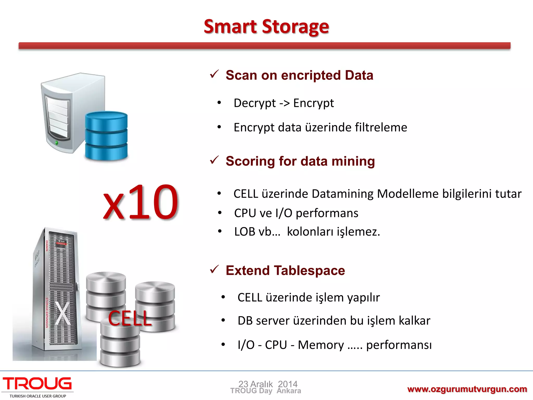 CELL
Smart Storage
www.ozgurumutvurgun.com
23 Aralık 2014
TROUG Day Ankara
x10
 Scan on encripted Data
• Decrypt -> Encrypt
• Encrypt data üzerinde filtreleme
 Scoring for data mining
• LOB vb… kolonları işlemez.
• CELL üzerinde Datamining Modelleme bilgilerini tutar
• CPU ve I/O performans
 Extend Tablespace
• CELL üzerinde işlem yapılır
• DB server üzerinden bu işlem kalkar
• I/O - CPU - Memory ….. performansı
 
