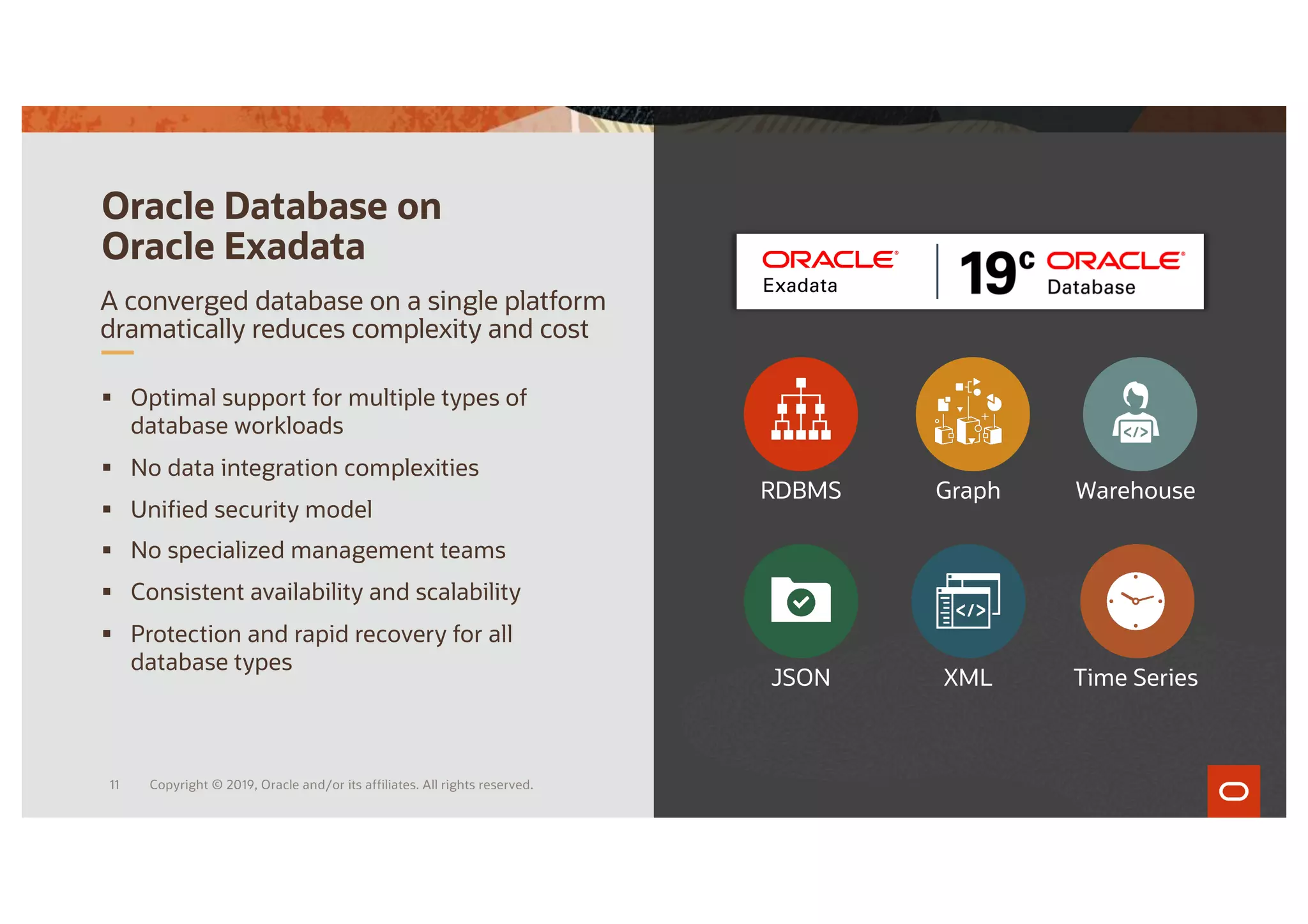 § Optimal support for multiple types of
database workloads
§ No data integration complexities
§ Unified security model
§ No specialized management teams
§ Consistent availability and scalability
§ Protection and rapid recovery for all
database types
Oracle Database on
Oracle Exadata
A converged database on a single platform
dramatically reduces complexity and cost
RDBMS
JSON
Graph
XML
Warehouse
Time Series
Copyright © 2019, Oracle and/or its affiliates. All rights reserved.
11
 