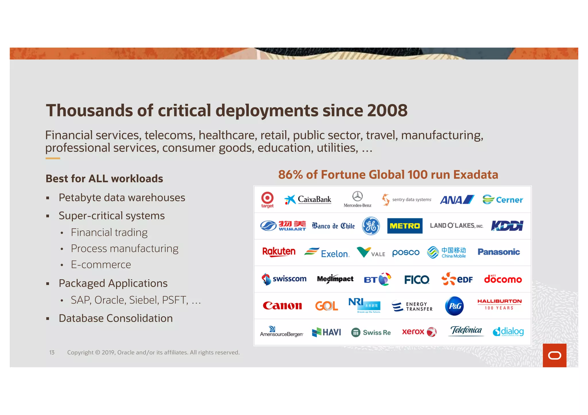 Best for ALL workloads
§ Petabyte data warehouses
§ Super-critical systems
• Financial trading
• Process manufacturing
• E-commerce
§ Packaged Applications
• SAP, Oracle, Siebel, PSFT, …
§ Database Consolidation
Thousands of critical deployments since 2008
Financial services, telecoms, healthcare, retail, public sector, travel, manufacturing,
professional services, consumer goods, education, utilities, …
86% of Fortune Global 100 run Exadata
Copyright © 2019, Oracle and/or its affiliates. All rights reserved.
13
 