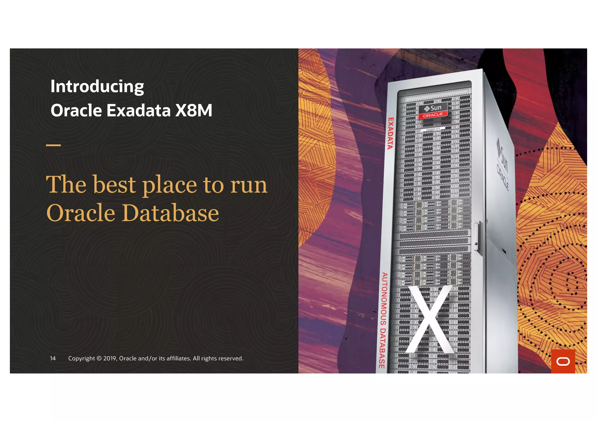 The best place to run
Oracle Database
Introducing
Oracle Exadata X8M
Copyright © 2019, Oracle and/or its affiliates. All rights reserved.
14
 
