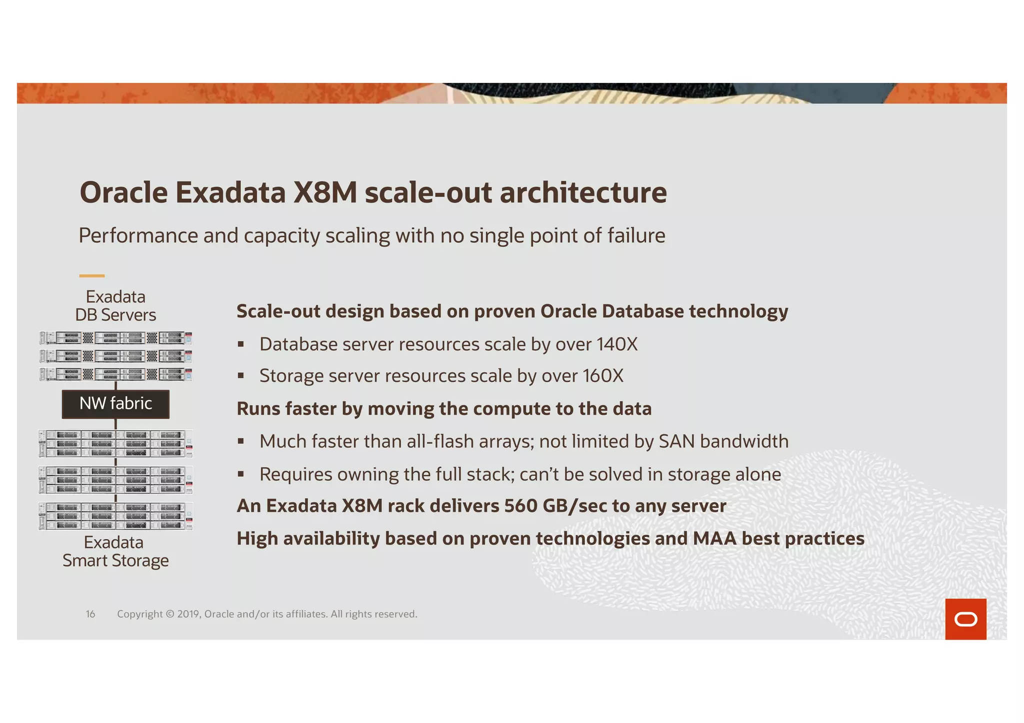 Scale-out design based on proven Oracle Database technology
§ Database server resources scale by over 140X
§ Storage server resources scale by over 160X
Runs faster by moving the compute to the data
§ Much faster than all-flash arrays; not limited by SAN bandwidth
§ Requires owning the full stack; can’t be solved in storage alone
An Exadata X8M rack delivers 560 GB/sec to any server
High availability based on proven technologies and MAA best practices
Oracle Exadata X8M scale-out architecture
Performance and capacity scaling with no single point of failure
Exadata
DB Servers
Exadata
Smart Storage
NW fabric
Copyright © 2019, Oracle and/or its affiliates. All rights reserved.
16
 