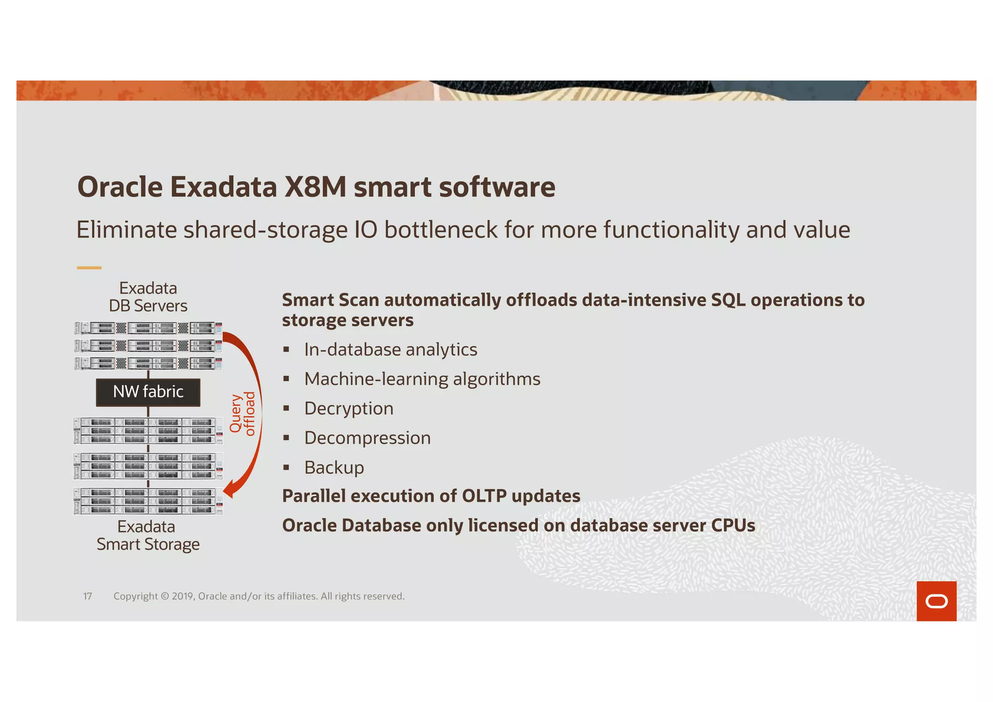 Smart Scan automatically offloads data-intensive SQL operations to
storage servers
§ In-database analytics
§ Machine-learning algorithms
§ Decryption
§ Decompression
§ Backup
Parallel execution of OLTP updates
Oracle Database only licensed on database server CPUs
Oracle Exadata X8M smart software
Eliminate shared-storage IO bottleneck for more functionality and value
Exadata
DB Servers
Exadata
Smart Storage
NW fabric
Query
offload
Copyright © 2019, Oracle and/or its affiliates. All rights reserved.
17
 