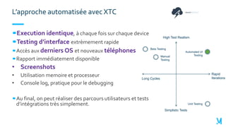 Execution identique, à chaque fois sur chaque device
Testing d’interface extrèmement rapide
Accès aux derniers OS et nouveaux téléphones
Rapport immédiatement disponible
• Screenshots
• Utilisation memoire et processeur
• Console log, pratique pour le debugging
Au final, on peut réaliser des parcours utilisateurs et tests
d’intégrations très simplement.
L’approche automatisée avec XTC
Long Cycles
Rapid
Iterations
High Test Realism
Simplistic Tests
Beta Testing
Manual
Testing
Automated UI
Testing
Unit Testing
 