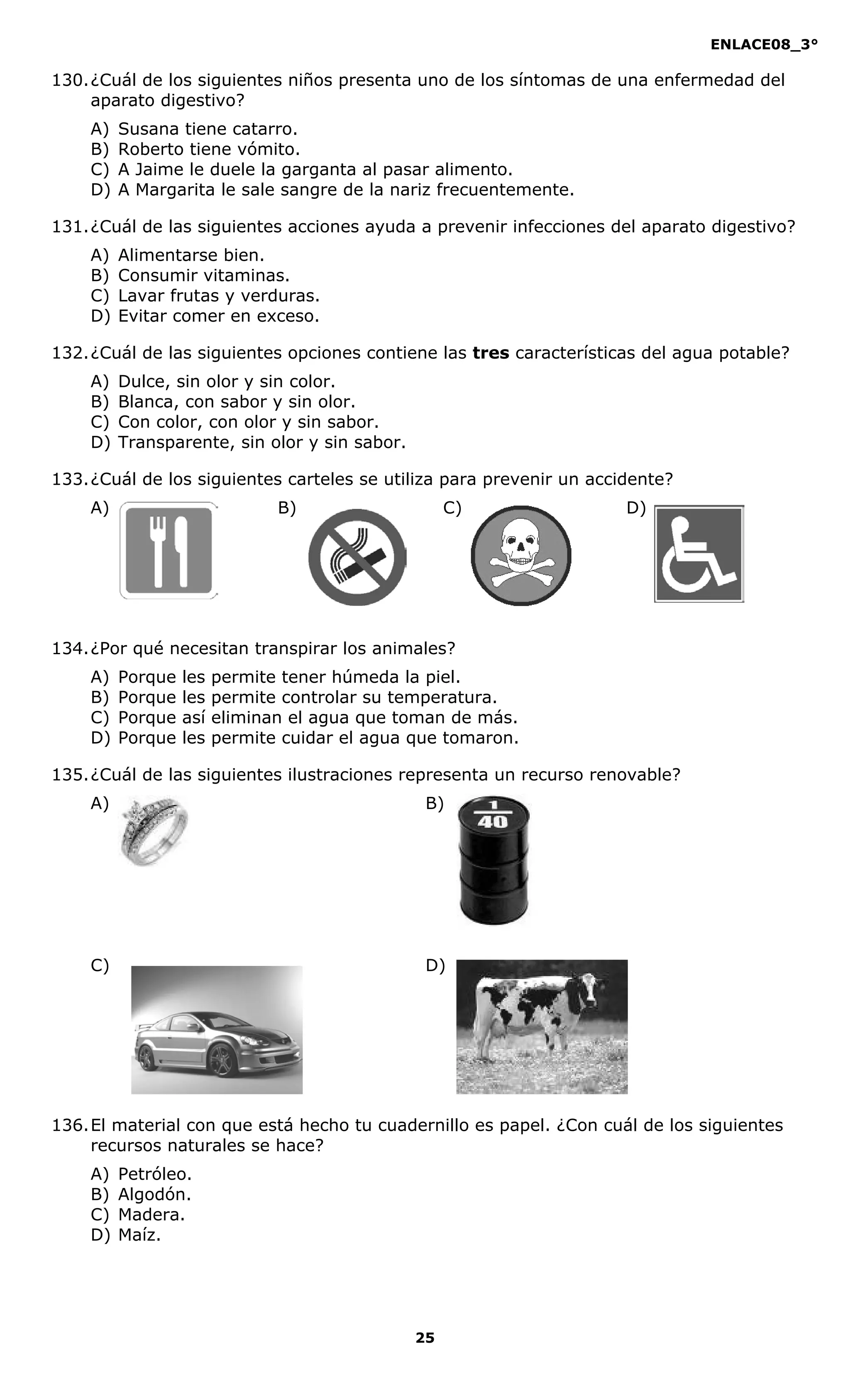 ENLACE08_3°
25
130.¿Cuál de los siguientes niños presenta uno de los síntomas de una enfermedad del
aparato digestivo?
A) Susana tiene catarro.
B) Roberto tiene vómito.
C) A Jaime le duele la garganta al pasar alimento.
D) A Margarita le sale sangre de la nariz frecuentemente.
131.¿Cuál de las siguientes acciones ayuda a prevenir infecciones del aparato digestivo?
A) Alimentarse bien.
B) Consumir vitaminas.
C) Lavar frutas y verduras.
D) Evitar comer en exceso.
132.¿Cuál de las siguientes opciones contiene las tres características del agua potable?
A) Dulce, sin olor y sin color.
B) Blanca, con sabor y sin olor.
C) Con color, con olor y sin sabor.
D) Transparente, sin olor y sin sabor.
133.¿Cuál de los siguientes carteles se utiliza para prevenir un accidente?
A) B) C) D)
134.¿Por qué necesitan transpirar los animales?
A) Porque les permite tener húmeda la piel.
B) Porque les permite controlar su temperatura.
C) Porque así eliminan el agua que toman de más.
D) Porque les permite cuidar el agua que tomaron.
135.¿Cuál de las siguientes ilustraciones representa un recurso renovable?
A) B)
C) D)
136.El material con que está hecho tu cuadernillo es papel. ¿Con cuál de los siguientes
recursos naturales se hace?
A) Petróleo.
B) Algodón.
C) Madera.
D) Maíz.
 