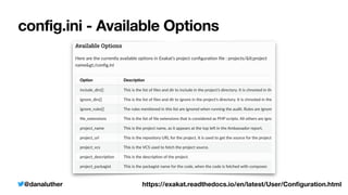 @danaluther
config.ini - Available Options
https://exakat.readthedocs.io/en/latest/User/Con
fi
guration.html
 