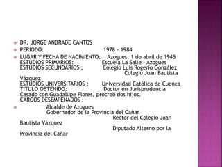  DR. JORGE ANDRADE CANTOS
 PERIODO: 1978 - 1984
 LUGAR Y FECHA DE NACIMIENTO: Azogues, 1 de abril de 1945
ESTUDIOS PRIMARIOS: Escuela La Salle - Azogues
ESTUDIOS SECUNDARIOS : Colegio Luis Rogerio González
Colegio Juan Bautista
Vázquez
ESTUDIOS UNIVERSITARIOS : Universidad Católica de Cuenca
TITULO OBTENIDO: Doctor en Jurisprudencia
Casado con Guadalupe Flores, procreó dos hijos.
CARGOS DESEMPEÑADOS :
 Alcalde de Azogues
Gobernador de la Provincia del Cañar
Rector del Colegio Juan
Bautista Vázquez
Diputado Alterno por la
Provincia del Cañar
 