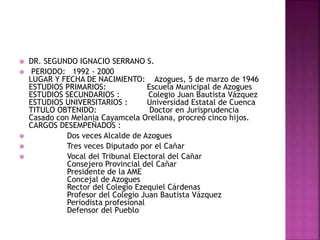  DR. SEGUNDO IGNACIO SERRANO S.
 PERIODO: 1992 - 2000
LUGAR Y FECHA DE NACIMIENTO: Azogues, 5 de marzo de 1946
ESTUDIOS PRIMARIOS: Escuela Municipal de Azogues
ESTUDIOS SECUNDARIOS : Colegio Juan Bautista Vázquez
ESTUDIOS UNIVERSITARIOS : Universidad Estatal de Cuenca
TITULO OBTENIDO: Doctor en Jurisprudencia
Casado con Melania Cayamcela Orellana, procreó cinco hijos.
CARGOS DESEMPEÑADOS :
 Dos veces Alcalde de Azogues
 Tres veces Diputado por el Cañar
 Vocal del Tribunal Electoral del Cañar
Consejero Provincial del Cañar
Presidente de la AME
Concejal de Azogues
Rector del Colegio Ezequiel Cárdenas
Profesor del Colegio Juan Bautista Vázquez
Periodista profesional
Defensor del Pueblo
 