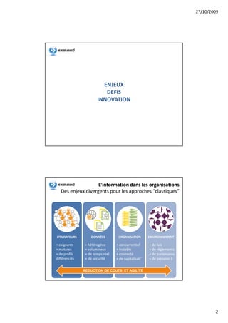 27/10/2009




                         ENJEUX
                          DEFIS
                       INNOVATION




                    L’information dans les organisations
   Des enjeux divergents pour les approches “classiques”
                                             classiques”




UTILISATEURS       DONNÉES         ORGANISATION        ENVIRONNEMENT

+ exigeants     + hétérogène      + concurrentiel      + de lois
+ matures       + volumineux      + instable           + de réglements
+ de profils    + de temps réel   + connecté           + de partenaires
différenciés    + de sécurité     + de capitalisati°   + de pression $


               REDUCTION DE COUTS ET AGILITE
                                                                      4




                                                                                  2
 