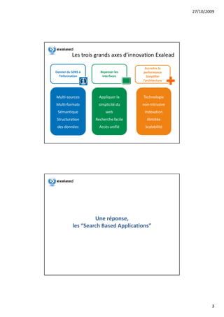 27/10/2009




          Les trois grands axes d’innovation Exalead

                                         Accroitre la
Donner du SENS à     Repenser les      performance
  l’information       interfaces          Simplifier
                                       l’architecture



Multi-sources        Appliquer la      Technologie
Multi-formats       simplicité du     non-intrusive
 Sémantique             web             Indexation
Structuration      Recherche facile      illimitée
 des données         Accès unifié       Scalabilité




                   Une réponse,
                        réponse,
          les “Search Based Applications”




                                                                3
 