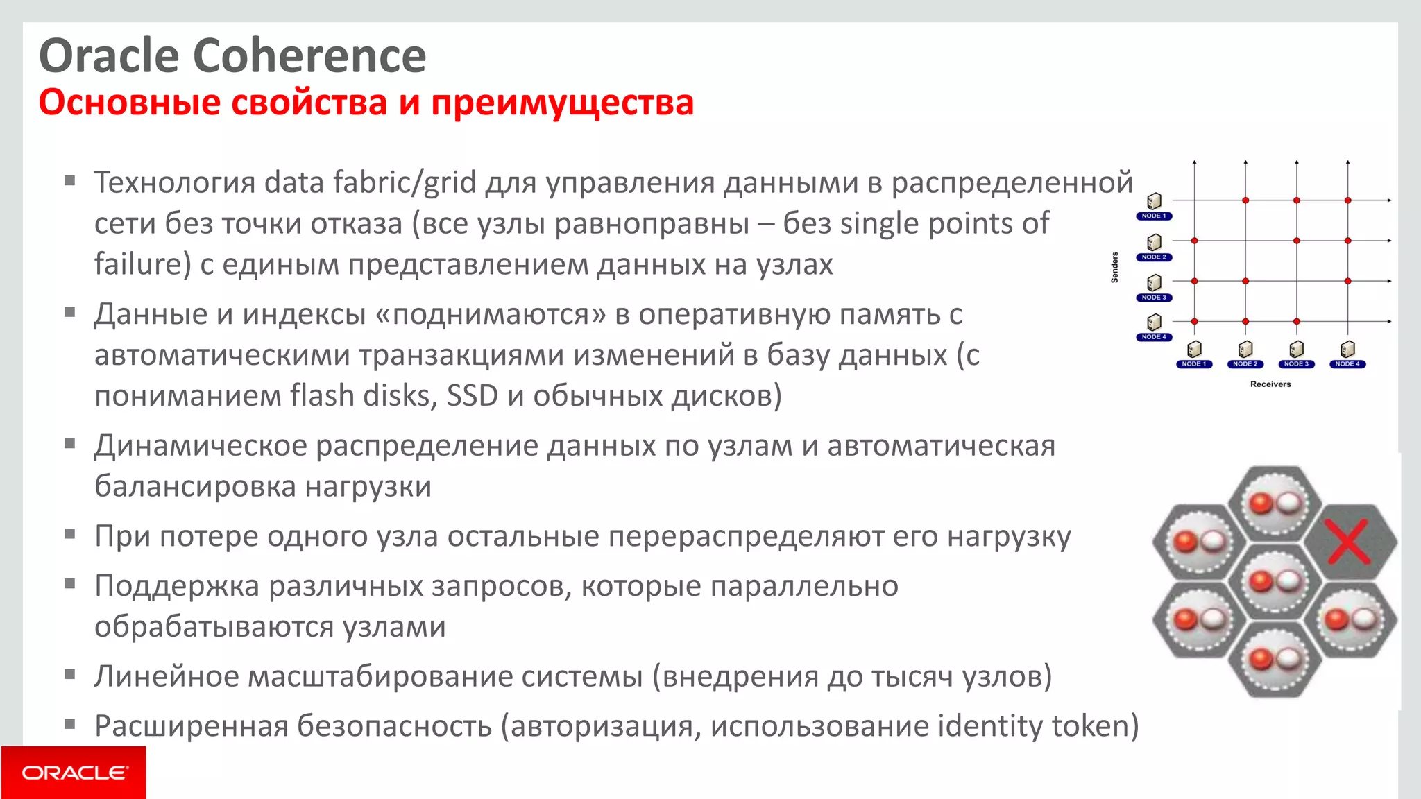 Oracle Coherence Основные свойства и преимущества 
Технология data fabric/grid для управления данными в распределенной сети без точки отказа (все узлы равноправны – без single points of failure) с единым представлением данных на узлах 
Данные и индексы «поднимаются» в оперативную память с автоматическими транзакциями изменений в базу данных (с пониманием flash disks, SSD и обычных дисков) 
Динамическое распределение данных по узлам и автоматическая балансировка нагрузки 
При потере одного узла остальные перераспределяют его нагрузку 
Поддержка различных запросов, которые параллельно обрабатываются узлами 
Линейное масштабирование системы (внедрения до тысяч узлов) 
Расширенная безопасность (авторизация, использование identity token)  