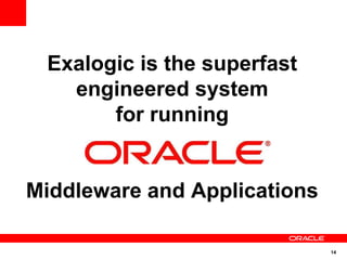 Exalogic is the superfast
   engineered system
       for running


Middleware and Applications

                              14
 