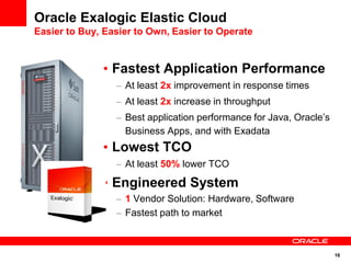 Oracle Exalogic Elastic Cloud
Easier to Buy, Easier to Own, Easier to Operate


                Fastest Application Performance
                   At least 2x improvement in response times
                   At least 2x increase in throughput
                   Best application performance for Java, Oracle’s
                   Business Apps, and with Exadata
                Lowest TCO
                   At least 50% lower TCO

                Engineered System
                   1 Vendor Solution: Hardware, Software
                   Fastest path to market



                                                                     16
 