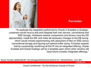 <Insert Picture Here>



                                                                                          Forrester

                 “To duplicate the integration performed by Oracle in Exadata or Exalogic,
          customers would have to test and integrate their own servers, conventional and
                   SSD storage, Infiniband network components and drivers; tune the OS
          appropriately; install the DB; and make all necessary changes to the DB tuning,
                which would include experimenting with placement of files on SSD versus
             conventional storage and figuring out optimal buffer sizing. Forrester expects
               that by successfully combining all this IP into an integrated offering, Oracle
            Exadata and Oracle Exalogic will be a template upon which other vendors will
                                                 base future complex integrated offerings.”


Source: Forrester, Updated Q2 2011: Are Converged Infrastructures Good For IT? – Richard Fichera – June 2011


                             Oracle Confidential – Do Not Distribute Outside of Oracle                         9
 