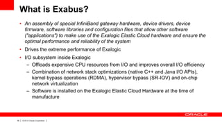 What is Exabus?
• An assembly of special InfiniBand gateway hardware, device drivers, device
firmware, software libraries and configuration files that allow other software
("applications") to make use of the Exalogic Elastic Cloud hardware and ensure the
optimal performance and reliability of the system
• Drives the extreme performance of Exalogic
• I/O subsystem inside Exalogic
– Offloads expensive CPU resources from I/O and improves overall I/O efficiency
– Combination of network stack optimizations (native C++ and Java I/O APIs),
kernel bypass operations (RDMA), hypervisor bypass (SR-IOV) and on-chip
network virtualization
– Software is installed on the Exalogic Elastic Cloud Hardware at the time of
manufacture

40

|

© 2012 Oracle Corporation

|

 