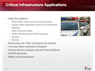 Critical Infrastructure Applications


> Video Surveillance
         -   Water Utility reservoirs and sensitive areas
         -   Electric Utility Generation plants and Substations
         -   Pipelines
         -   Petro Chemical plants
         -   Traffic Intersections and Rail Crossings
         -   Schools
         -   Borders
>   Redundancy for Fiber and leased line backup
>   Two-way Radio backhaul to Dispatch
>   Interconnectivity between fire and Police Stations
>   SCADA Backhaul
>   Military Communications



page 2
 