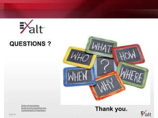 QUESTIONS ?




          Entire Presentation
          Exalt Communications Inc.
          Confidential & Proprietary   Thank you.
page 29
 