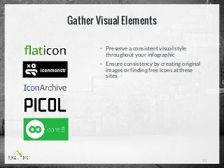 Gather Visual Elements
• Preserve a consistent visual style
throughout your infographic
• Ensure consistency by creating original
images or finding free icons at these
sites.
13
 
