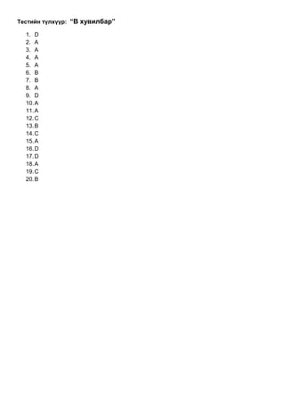 Тестийн түлхүүр: “B хувилбар”

  1. D
  2. A
  3. A
  4. A
  5. A
  6. B
  7. B
  8. A
  9. D
  10. A
  11. A
  12. C
  13. B
  14. C
  15. A
  16. D
  17. D
  18. A
  19. C
  20. B
 