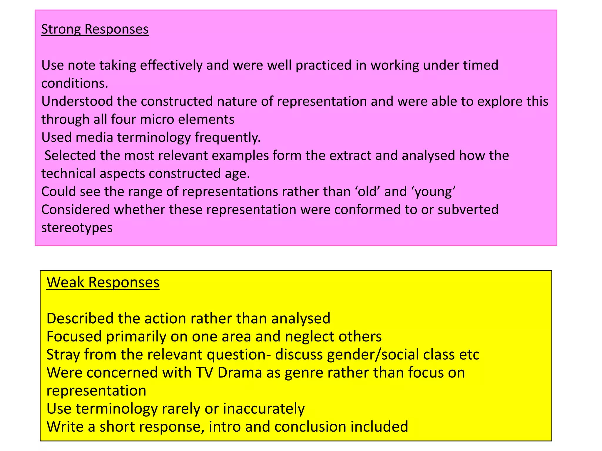Weak Responses
Described the action rather than analysed
Focused primarily on one area and neglect others
Stray from the relevant question- discuss gender/social class etc
Were concerned with TV Drama as genre rather than focus on
representation
Use terminology rarely or inaccurately
Write a short response, intro and conclusion included
Strong Responses
Use note taking effectively and were well practiced in working under timed
conditions.
Understood the constructed nature of representation and were able to explore this
through all four micro elements
Used media terminology frequently.
Selected the most relevant examples form the extract and analysed how the
technical aspects constructed age.
Could see the range of representations rather than ‘old’ and ‘young’
Considered whether these representation were conformed to or subverted
stereotypes
 