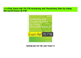 DOWNLOAD ON THE LAST PAGE !!!!
Prepare for Microsoft Exam 70-778-and help demonstrate your real-world mastery of Power BI data analysis and visualization. Designed for experienced BI professionals and data analysts ready to advance their status, Exam Ref focuses on the critical thinking and decision-making acumen needed for success at the MCSA level. Focus on the expertise measured by these objectives:Consume and transform data by using Power BI Desktop Model and visualize data Configure dashboards, reports, and apps in the Power BI Service This Microsoft Exam Ref:Organizes its coverage by exam objectives Features strategic, what-if scenarios to challenge you Assumes you have experience consuming and transforming data, modeling and visualizing data, and configuring dashboards using Excel and Power BI Exam Ref 70-778 Analyzing and Visualizing Data by Using Microsoft Power Bi Free
~>>File! Exam Ref 70-778 Analyzing and Visualizing Data by Using
Microsoft Power Bi PDF
 