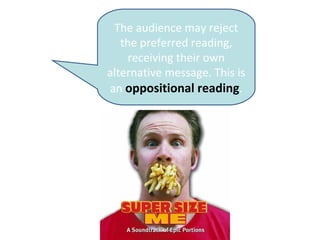 The audience may reject
the preferred reading,
receiving their own
alternative message. This is
an oppositional reading.
 