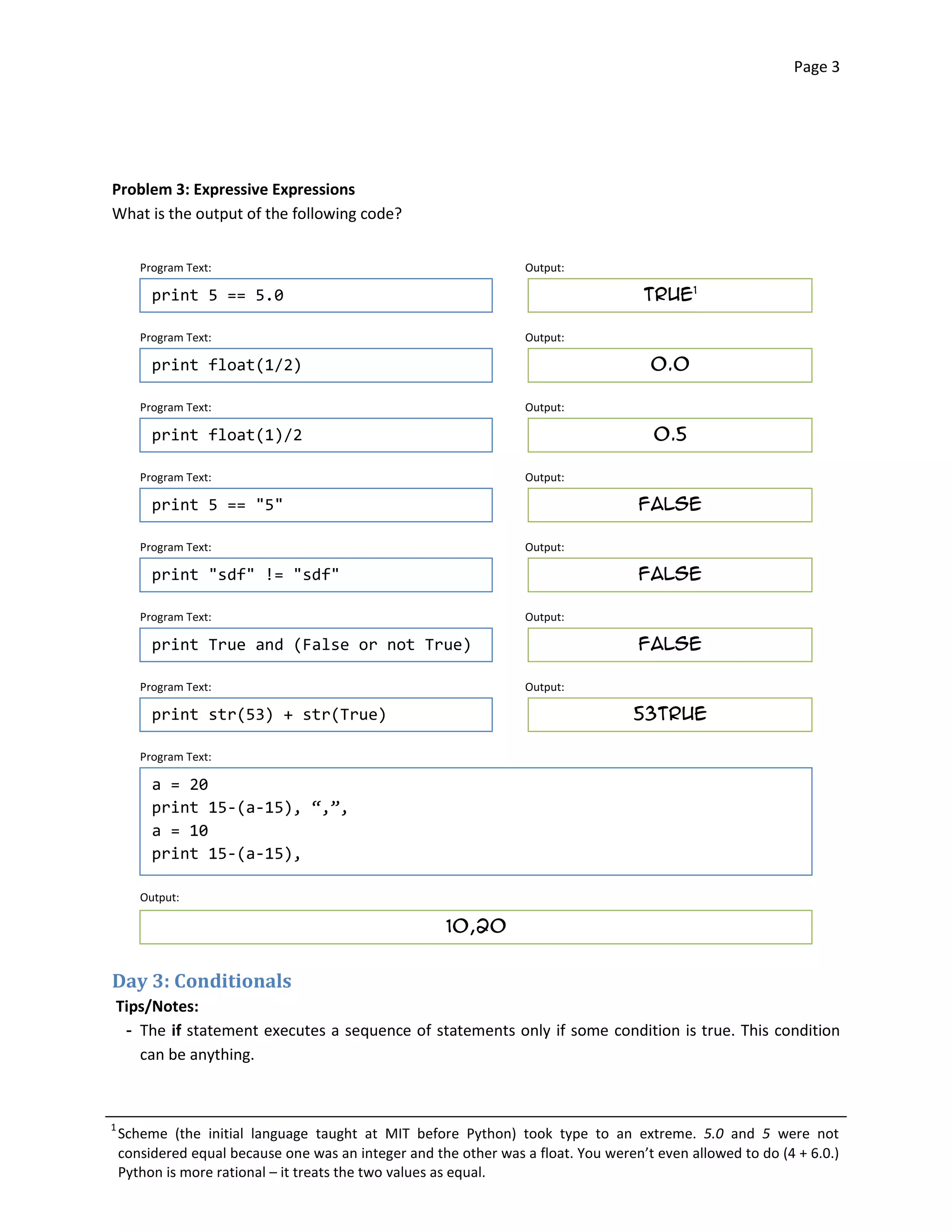 Page 3





Problem 3: Expressive Expressions
What is the output of the following code?


       Program Text:                                               Output:

         print 5 == 5.0
                                                             True1

       Program Text:                                               Output:

         print float(1/2)
                                                            0.0


       Program Text:                                               Output:

         print float(1)/2
                                                             0.5


       Program Text:                                               Output:

         print 5 == "5"
                                                            false


       Program Text:                                               Output:

         print "sdf" != "sdf"
                                                      false


       Program Text:                                               Output:

         print True and (False or not True)
                                        false


       Program Text:                                               Output:

         print str(53) + str(True)
                                                 53true


       Program Text:

         a = 20
         print 15-(a-15), “,”,
         a = 10
         print 15-(a-15),

       Output:

                                                      10,20



Day 3: Conditionals
Tips/Notes:
 ­ The if statement executes a sequence of statements only if some condition is true. This condition
   can be anything.



1
    Scheme (the initial language taught at MIT before Python) took type to an extreme. 5.0 and 5 were not
    considered equal because one was an integer and the other was a float. You weren’t even allowed to do (4 + 6.0.)
    Python is more rational – it treats the two values as equal.
 