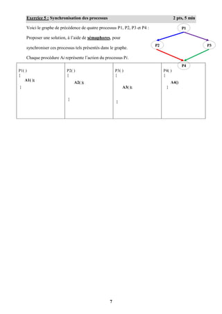 7
P1
P2 P3
Exercice 5 : Synchronisation des processus 2 pts, 5 min
Voici le graphe de précédence de quatre processus P1, P2, P3 et P4 :
Proposer une solution, à l’aide de sémaphores, pour
synchroniser ces processus tels présentés dans le graphe.
Chaque procédure Ai représente l’action du processus Pi.
P1( )
{
A1( );
}
P2( )
{
A2( );
}
P3( )
{
A3( );
}
P4
P4( )
{
A4()
}
 