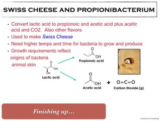 swiss cheese and propionibacterium 
science of cooking 
Finishing Microbes 
Holy Cheese (cow)? – Propionibacteria: 
• Convert lactic acid to propionoic and acetic acid plus acetic 
acid and CO2. Also other flavors 
• Used to make Swiss Cheese 
• Need higher temps and time for bacteria to grow and produce 
• Growth requirements reflect 
origins of bacteria 
animal skin 
Lactic acid 
Propionoic acid 
+ 
Acetic acid Carbon Dioxide (g) 
Finishing up… 
 
