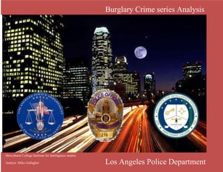 27630111703099435Mercyhurst College Institute for Intelligence studiesAnalyst: Mike Gallagher   Burglary Crime series Analysis  -171450325374058540653158490Los Angeles Police Department  -812800-261620  About This Document Mike Gallagher, a sophomore in the Mercyhurst College Institute for Intelligence Studies program, prepared this report for Prof. David Grabelski. This Report serves to analyze a serial burglar who has been committing burglaries from 11/4/2008 to    12/21/2009. The taskings for this report were given on January 4, 2010 and the final product was completed on January 18, 2009. The analytical confidence for this assessment is high. Source reliability is high. There is no conflict amongst sources. The analyst had low expertise, worked alone and did not use structured analytical methods. The analysis was simple and the amount of time available was sufficient.  To contact the Analyst or to review this report along with other reports prepared by the analyst, please visit the analyst’s website at www.mciismgallagher.com. The pass-code for the website is 3-0-1-7.     Mike Gallagher    1/18/2010 5663565306705 259080120015   Table of ContentsProcess & Analysis4-5Time6-7Location8-11Behavior12-15Victim16-17Raw Data18-21Administrative22-23 Process Analytical Tools 2381250287020 Analysis -1600200100330 Final Product5331460166370 Raw Data AnalysisBurglar’s next target will likely be either a pharmacy or a sporting goods retailer. The burglar will likely strike a pharmacy. Monday or Tuesday,1/4/101/19/100045  0407 736600107950 Burglar is creating a counter-clockwise pattern. Forecast the next break-in to be through the window.  Area around the 9th and 19th burglary and possibly around the area of the 7th and 8th burglary 377190066675-158750-218440 1355090197485 102743069856695440129540 Time AnalysisThe burglar is highly likely to strike on either a Monday or Tuesday between the times of 0045 and 0407, specifically between the dates of 1/4/10 and 1/19/10. The analyst considers the next burglary to be on 1/4/10 as shown on the “Possible Dates” sheet and the time of the burglary to be around 0300, which is shown on the Date/Time sheet.     -10854263795 -254635281305 3053080315595Los Angeles Police Department Serial Commercial BurglariesAnalyst: Mike GallagherRIAP 276January 18, 2010 379095765810 -257397-457200 Forecast  Hot Spots:     Elevated  High  Medium  Low :    White= AnchorLocationLocation Medium RiskAnalysisThe burglar is likely to strike around the area of the 9th and 19th burglary and possibly around the area of the 7th and 8th burglary. Hot spots suggest the burglar may strike around the Elevated Risk areas. However, behavioral analysis (Page 12) forecasts the burglar will likely strike around the area of the 9th and 19th burglary. If the burglar’s next burglary is similar to 12th, 13th, and 14th burglary, then the attack may be near the 7th and 8th burglary. Conversely, the average distance from the 20th burglary may be around 2.1 miles. However, the burglar’s max distance between burglaries is 6.27 miles and his mileage between burglaries is increasing.   -527050-400050 High Risk Forecast  Anchor Los Angeles Police Department Serial Commercial BurglariesAnalyst: Mike GallagherRIAP 276January 18, 2010Elevated Risk 294374134763Low Risk 4069715186690-459105245110 20786197185 -459740-457835 Forecast  -332105-372745 -228600-419100 Forecast  Behavior 321Cycle #  11/4/20085/19/2009    5/19/200910/12/2009     10/12/200912/21/2009       Centrum/        Anchor AnalysisIt is highly likely the burglar is creating a counter-clockwise pattern. The burglar rotates counterclockwise outward first, then back in and out again as shown by the map on the left. Using this rotational pattern the analyst predicted the next burglary would occur in the area towards the 9th and 19th burglary. However, if the burglar where to repeat the anomaly that is burglary # 12, 13, and 14, then next burglary will likely occur near the area of the 7th and 8th burglary. Furthermore, the burglar’s M.O is using a pry bar. Most of the time the burglar’s break ins through the rear door instead of the rear window. Yet the burglar seems to commit a pattern with rear door breakins, 2-1-2-4-2-1- . Going of this pattern I predict the next break-in will be through the window. 1847215201930Los Angeles Police Department Serial Commercial BurglariesAnalyst: Mike GallagherRIAP 276January 18, 2010 -29186114432-344170110490 Pry bar rear doorPry bar rear window -4341522156790 -4173855143510 Page Left Blank Intentionally 199390-489585 Pattern in M.O:  2-1-2-4-2-1-X-743585728345-1408526689097Change in M.O.No Change in M.O.      Window       Door -376735-163773 Victim AnalysisThe burglar’s next target will likely be either a pharmacy or a sporting goods retailer. The burglar will likely strike a pharmacy, possibly a Rite Aid or something of the same ilk. 4/5 of the sporting good businesses burglarized where at two of the same address. However, all pharmacies burglarized where at different addresses.  -38100-447675 Los Angeles Police Department Serial Commercial BurglariesAnalyst: Mike GallagherRIAP 276January 18, 2010 68294255715 -417830295275 81280195580 Raw Data-419100-438150 -344170-173990 -349885-273050 -38100-457200 434403541275Administrative DataExam # 4: Burglary Crime Series AnalysisTotal Possible Grade Points: 100Date Assigned: 1/4/2010 (Class 11)Date Due: 1/15/2010 (Class 16) (or may be submitted earlier) Testing Location: Outside the ClassroomEstimated Time Required: 12-16 HoursSources of Information: Exercise Hand-Out, (Lab assistance at a time to be determined)Software Applications: Microsoft Excel                                         Google Maps Resource References: Classroom Lecture and Slides                                      Better Policing with Microsoft Office                                      Blackboard Readings (Crime Analysis)Background: As a Crime Analyst, one of your responsibilities is to identify crime pattern series and report it to your supervisor. He She then will often ask for an analysis and recommendations. Tasking:On 1/4/2010, you were a crime analyst working for the Los Analysis Police Department. During the course of your daily work, you noticed a burglary crime pattern. Based upon the dates, times, locations, victims and the M.O., you and your supervisor believe the same suspect(s) committed these burglaries. Your supervisor, LT Sharon Jackson, has decided to deploy a special problems enforcement team to conduct a surveillance operation to apprehend the suspect(s). The team will be paid overtime salary and has limited time for deployment.She has directed you to analyze the crime data by the attributes of Time, Location, Behavior, and Victim. You are to make recommendations for deployment with the greatest potential for success in apprehending the suspect(s). She also asks for any other analytical findings you can provide to assist in the deployment and apprehension.Assignment:See the attached handout for the specific requirements.Assignment Format: The finished product shall be formatted and saved in Microsoft Excel Workbook. A coversheet shall be included in the printed copy. A printed copy of the product shall be submitted in class and an electronic copy of the Excel Workbook shall be placed in the Digital Drop Box before class. The electronic file shall be named Your Last Name Exam 4.Instructions: Each student will perform the analyses individually. Grading Criteria:Accuracy of your Excel spreadsheet calculations. Quality of analysis and the validity of your recommendations and analytical reasoningClarity of formatting, writing, organization, and ease of reading of the reportUse of charts, graphics, maps, and colors.The paper and/or electronic copy will receive a full grade deduction for each part of 24 hours of being late.Student Acknowledgement Signature:             Sign and return with your project._______________________________                _________________________________    Name                                                                       Signature 
