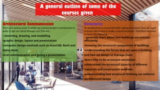 A general outline of some of the
courses given
Architectural Communication
There are various ways in which we communicate in architecture in
order to get our ideas through and they are :
• sketching, drawing, and modelling
•graphic design, layout and presentation
•computer design methods such as AutoCAD, Revit and
many more
•oral communication and giving a presentation
Structures
As architecture is concerned with making structures then we aught
to know about how to make a sound structure. Therefore we need
to learn the following :
• generally learn about how buildings are erected
efficiently
•knowing the structural components of buildings
•understanding the forces that act upon a building,
and how we design to manage them
•learn how to do structural calculation
•understand the structural capacity of different
materials and construction methods
•understanding how structural thinking can enhance
architectural design
 