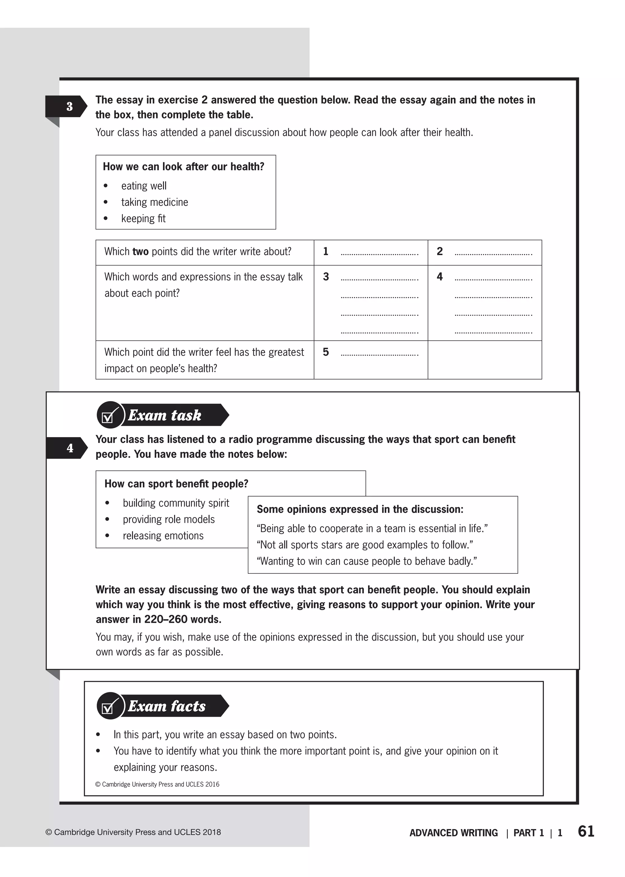 61
ADVANCED WRITING | PART 1 | 1
© Cambridge University Press and UCLES 2018
3
The essay in exercise 2 answered the question below. Read the essay again and the notes in
the box, then complete the table.
Your class has attended a panel discussion about how people can look after their health.
How we can look after our health?
• eating well
• taking medicine
• keeping fit
Which two points did the writer write about? 1 2
Which words and expressions in the essay talk
about each point?
3 4
Which point did the writer feel has the greatest
impact on people’s health?
5
Exam task
4
Your class has listened to a radio programme discussing the ways that sport can benefit
people. You have made the notes below:
How can sport benefit people?
• building community spirit
• providing role models
• releasing emotions
Some opinions expressed in the discussion:
“Being able to cooperate in a team is essential in life.”
“Not all sports stars are good examples to follow.”
“Wanting to win can cause people to behave badly.”
• In this part, you write an essay based on two points.
• You have to identify what you think the more important point is, and give your opinion on it
explaining your reasons.
Exam facts
© Cambridge University Press and UCLES 2016
Write an essay discussing two of the ways that sport can benefit people. You should explain
which way you think is the most effective, giving reasons to support your opinion. Write your
answer in 220–260 words.
You may, if you wish, make use of the opinions expressed in the discussion, but you should use your
own words as far as possible.
 