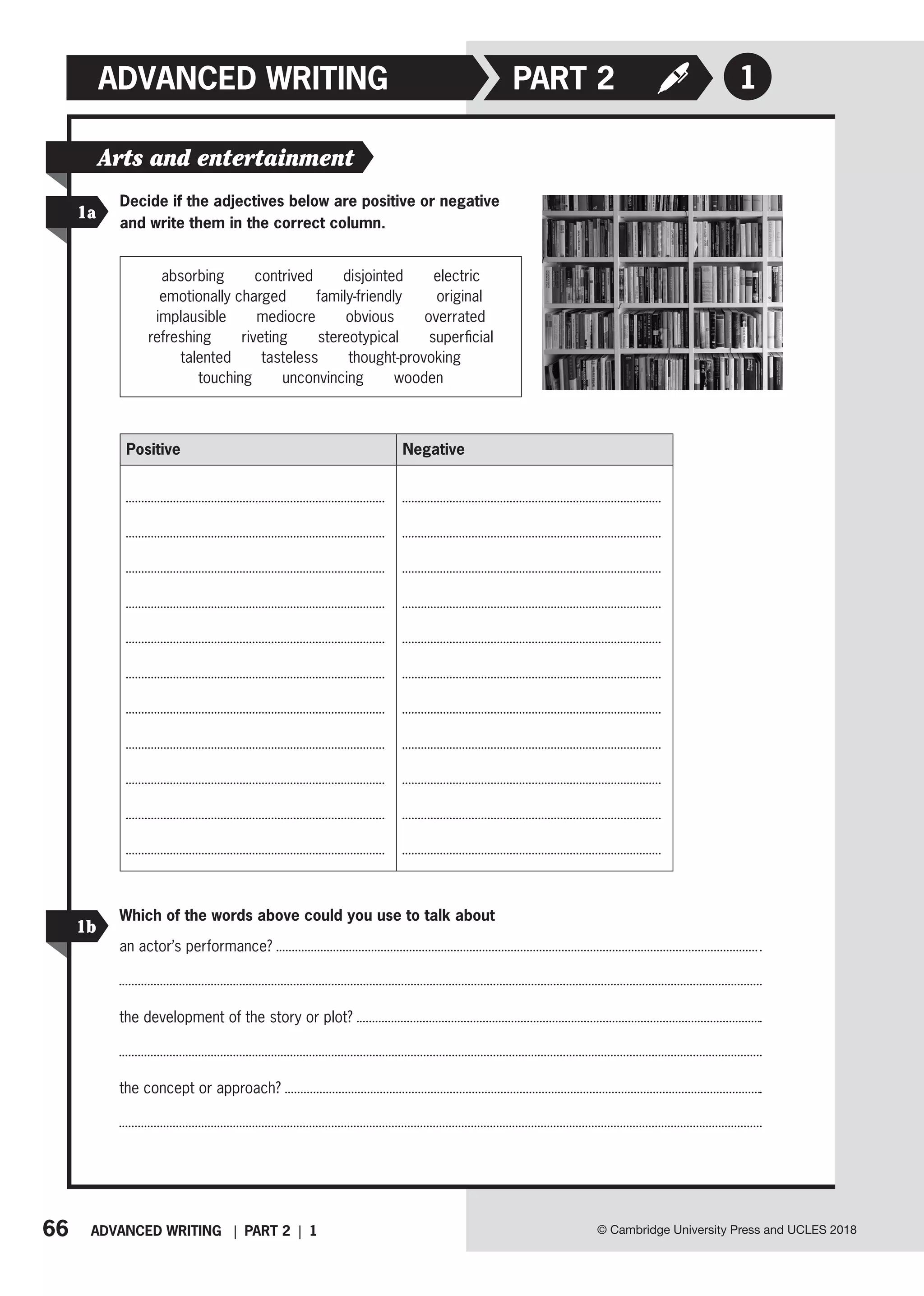66 ADVANCED WRITING | PART 2 | 1 © Cambridge University Press and UCLES 2018
ADVANCED WRITING PART 2 1
1a
Arts and entertainment
Decide if the adjectives below are positive or negative
and write them in the correct column.
absorbing  contrived  disjointed  electric  
emotionally charged  family-friendly   original
implausible  mediocre  obvious  overrated  
refreshing  riveting  stereotypical  superficial
talented  tasteless  thought-provoking
touching  unconvincing  wooden
Positive Negative
1b
Which of the words above could you use to talk about
an actor’s performance?
the development of the story or plot?
the concept or approach?
 